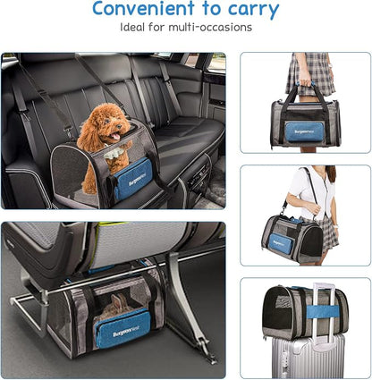 BurgeonNest Cat Carrier, Airline Approved Dog Carrier, Soft Sided Cat Pet Carrier for Small Medium Cats Dogs Under 10 lbs with Side Bag, Collapsible Travel Kitten Puppy Carriers, Blue