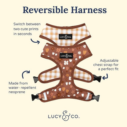 Lucy & Co. Reversible Dog Harness - Water-Repellent Neoprene, Dual-Print Design, Easy Swap Style, Adjustable Comfort Fit - Chocolate Meadows Reversible Harness - Small