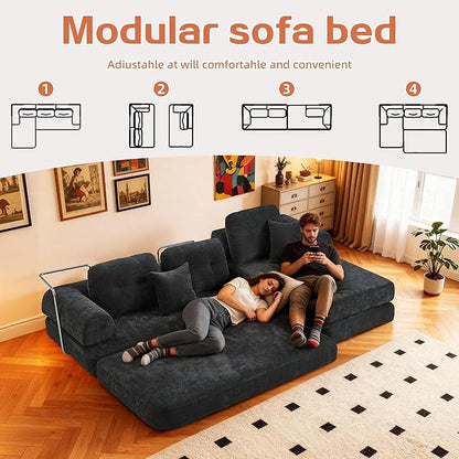 SUYOLS L Shaped 104" Modular Sectional Sofa Bed with Pillows, 8-in-1 Convertible Couch, Sturdy Stainless Steel Frame,Removable Washable Cover,High Resilience Sponge,for Living Room,Apartment,Dark Gray