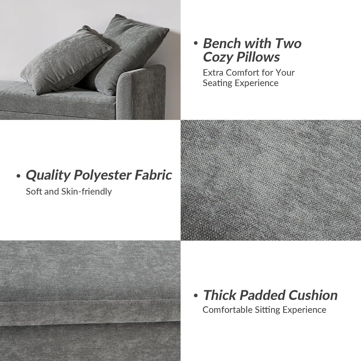 HULALA HOME Modern Storage Bench with Throw Pillows, 59.4" Extra Long Bedroom Ottoman Bench for End of Bed, Comfy Upholstered Footstool for Entryway Dining Room Living Room, Charcoal