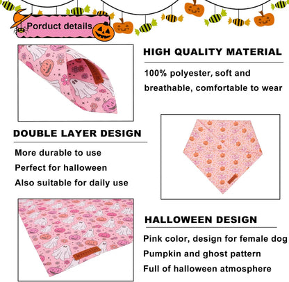 ADOGGYGO Halloween Dog Bandana, Pink Pumpkin Ghost Scarf, Adjustable Fit Female Halloween Bandanas for Large X-Large Dogs Pets (X-Large)