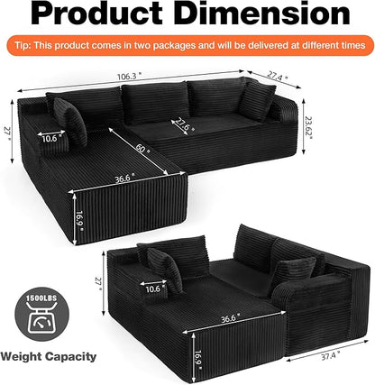 TonghuaS 106” Cloud Modular Sectional Sofa with L-Shape Chaise and Deep Seat, Corduroy Memory Foam Boneless Compressed Couch for Living Room, No Assembly Required(Left Facing Chaise, Black)