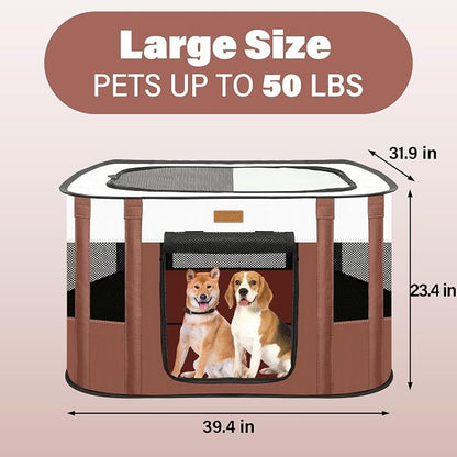 Dog Playpen - Foldable Cat Play Pens for Pubby,Kitten, Rabbit,Portable Pet Tent with Carring Bag for Indoor/Outdoor Travel Camping (Brown-Large)
