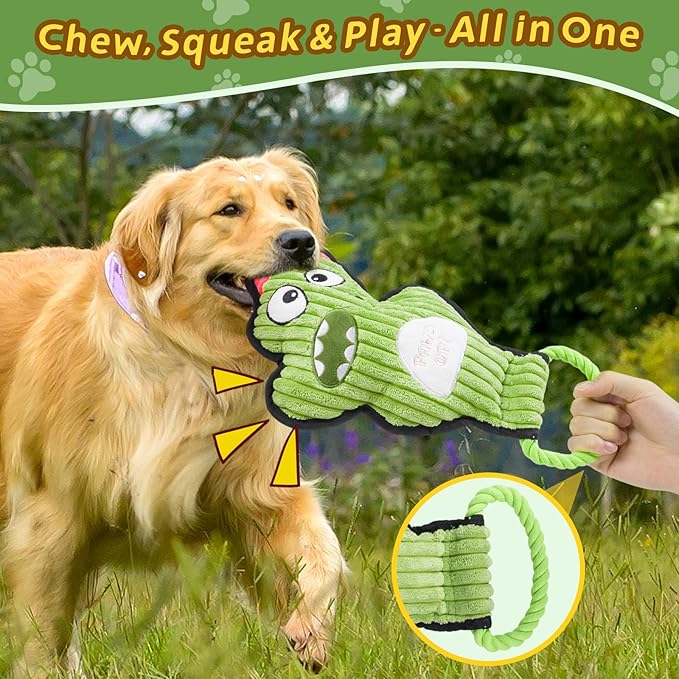 2-Pack Squeaky Dog Toys & Tough Tug of War Set - No Stuffing Chew-Resistant Plush Toys to Keep Them Busy, Best Birthday Gift for Small/Medium/Large Breeds (Dino & Gorilla)