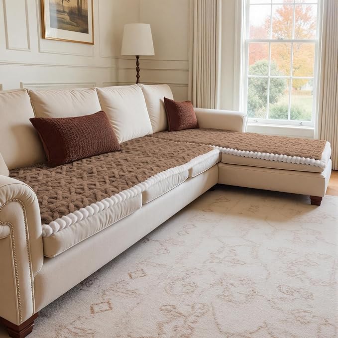 Couch Cover for Dogs, Washable Non Slip Sofa Covers for 4 Cushion Couch Pet Friendly Fuzzy Sofa Protector&Bed Mat for Pets (27.6"x94.49" Coffee)