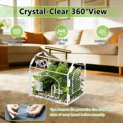 5.9" x 4.7" x 5.5" Acrylic Jumping Spider & Tarantula Enclosure – Transparent Insect Terrarium with Handle & Magnetic Door for Reptiles, Amphibians & Spiders