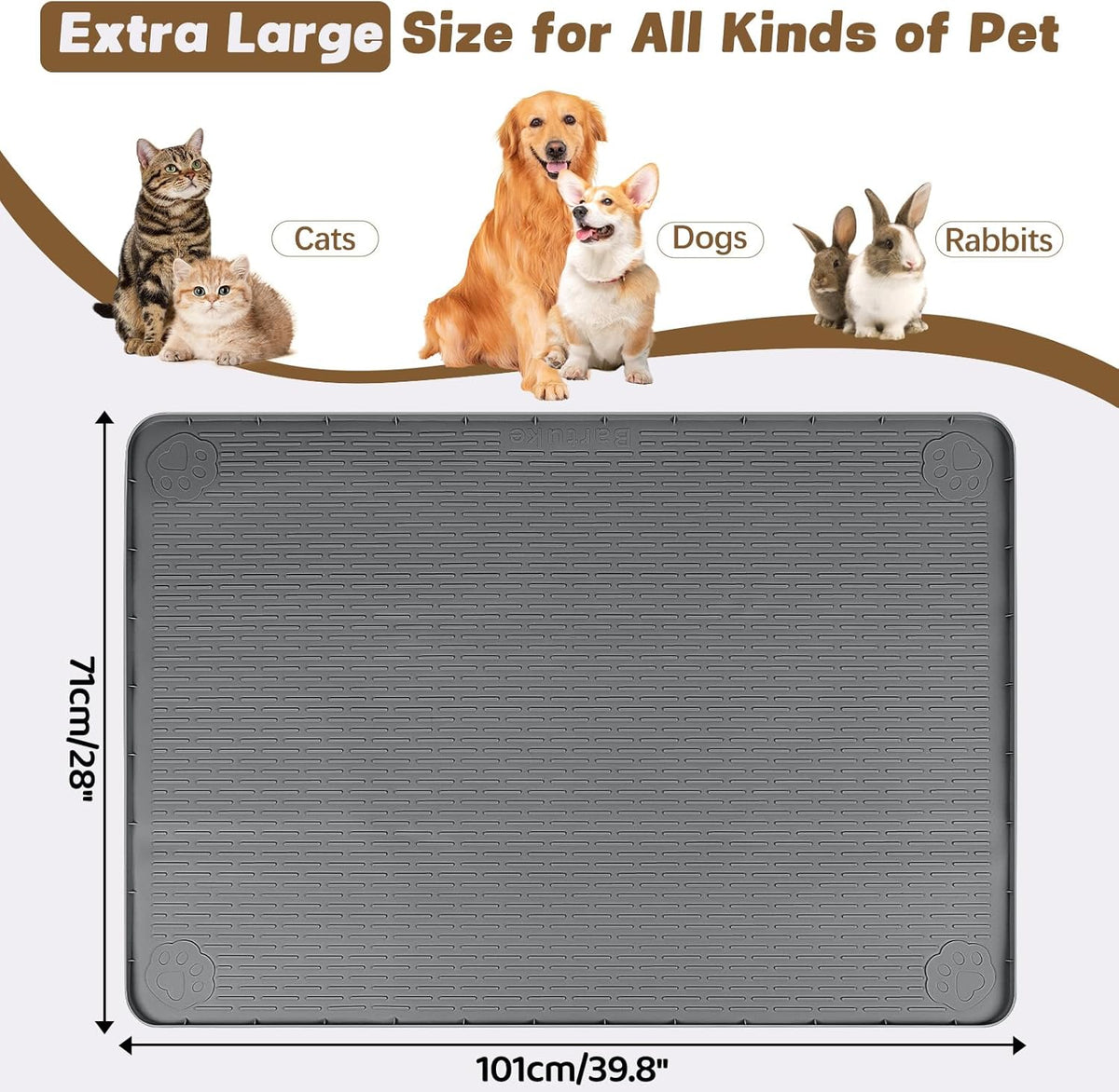 Cat Food Mat, 40" x 28" Extra Large Silicone Pet Feeding Mat with Raised Edge Pet Placemat for Food and Water Bowl Non-Slip, Easy to Clean, Floor Protection (Dark Grey)