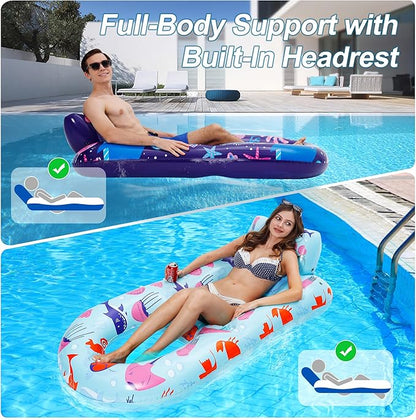 PuppyuWill 2 Pack Pool Floats Adult,Inflatable Pool Lounger Float Heavy Duty with Cup Holder, Backrest & Footrest Pool Lounge Float Extra Large Pool Rafts for Adults Beach Lake Party