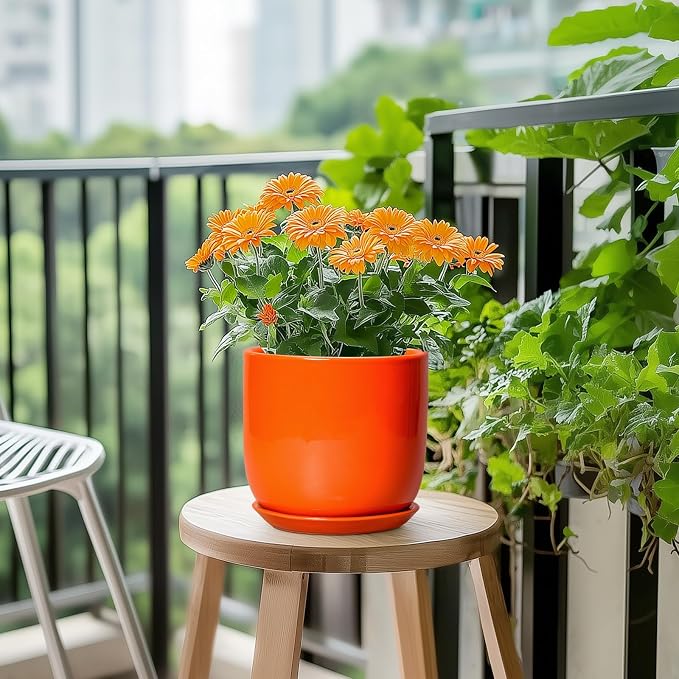 7 Inch Plant Pot - Ceramic Planter with Drainage Hole and Saucer, Modern Round Ceramic Flower Pot for Indoor Outdoor Plants, Plant Lover Gifts, Home Garden Office Decor, Orange