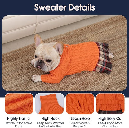 IECOii Girl Dog Sweater Dress - Cable Knit Dog Sweater for Small Dogs Girl - Orange, Medium, Turtleneck Pullover Sweaters with Tartan Plaid Skirt, Adorable Warm Dog Knitted Dress for Christmas