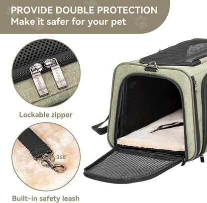 Petsfit Expandable Rabbit Carrier Bunny Carriers, 16 Inch Airline Approved Pet Carrier with 2 Extensions, Soft Washable Cushion, Self-Locking Zipper Head, Built-in Safety Rope, Fit for Travel