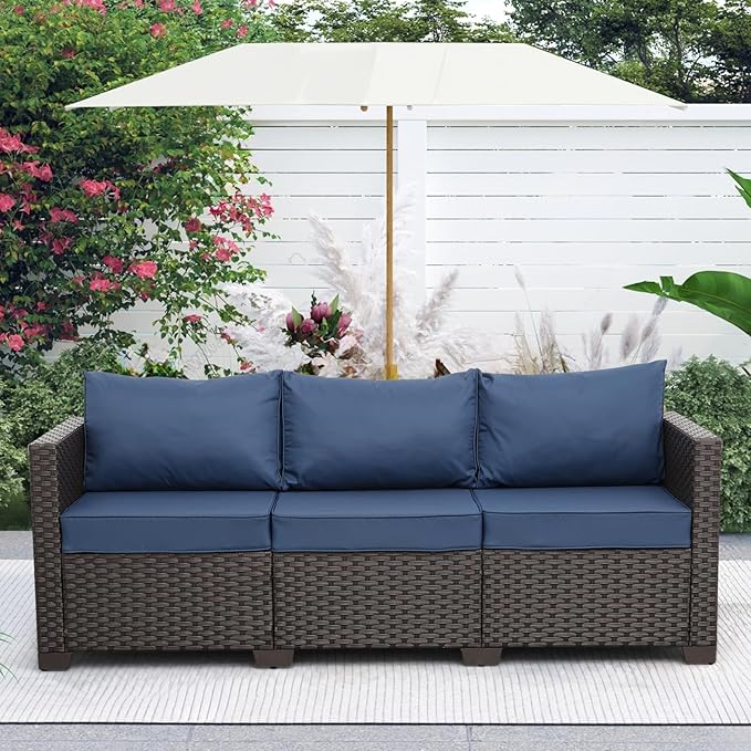 Rattaner Outdoor Couch Wicker Patio Furniture 3-seat Sofa Outdoor Furniture Deep Seat Hight Backrest with Waterproof Cover Anti-Slip Cushions, Navy Blue