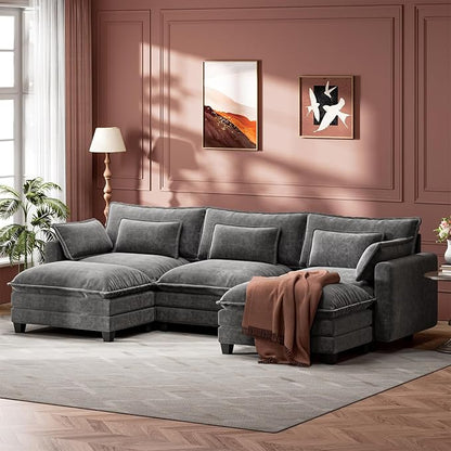 Marsail Modular Sectional Sofa 110.6" U-Shaped Modern Comfy Cloud Couch, 5-Seat Chenille Deep Seat Sofa with Throw Pillow & Movable Ottoman for Living Room, Bedroom and Apartment, Grey