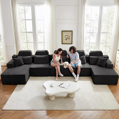 171" U-Shaped Cloud Modular Sectional Sofa with Chaise & Headrest, Boneless Deep Seat Plush Corduroy Couches for Large Living Room, No Assembly Required (Black, 171" U-shapred Chaise)