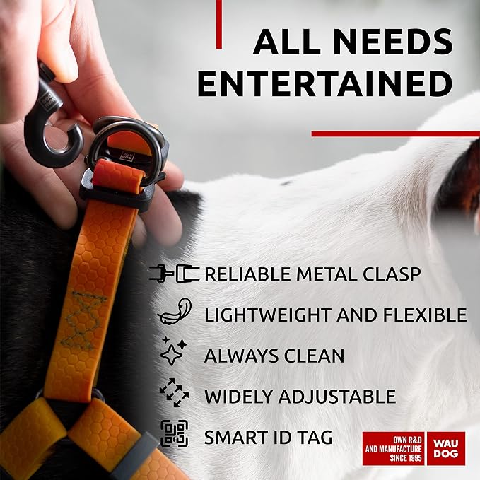 WAUDOG Waterproof Dog Harness - Adjustable for Large, Small and Medium Dogs - Heavy Duty with Durable Metal Clasp and QR Tag - Boy & Girl - Orange (16-22in)