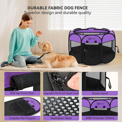 Siedihit Large Dog Playpen, Puppy Pet Playpen Indoor, Dogs Tent Crates Cage | Indoor/Outdoor, Portable Pop Up Dog Kennel Playpen with Carrying Case for Dogs/Cats/Rabbits, Purple
