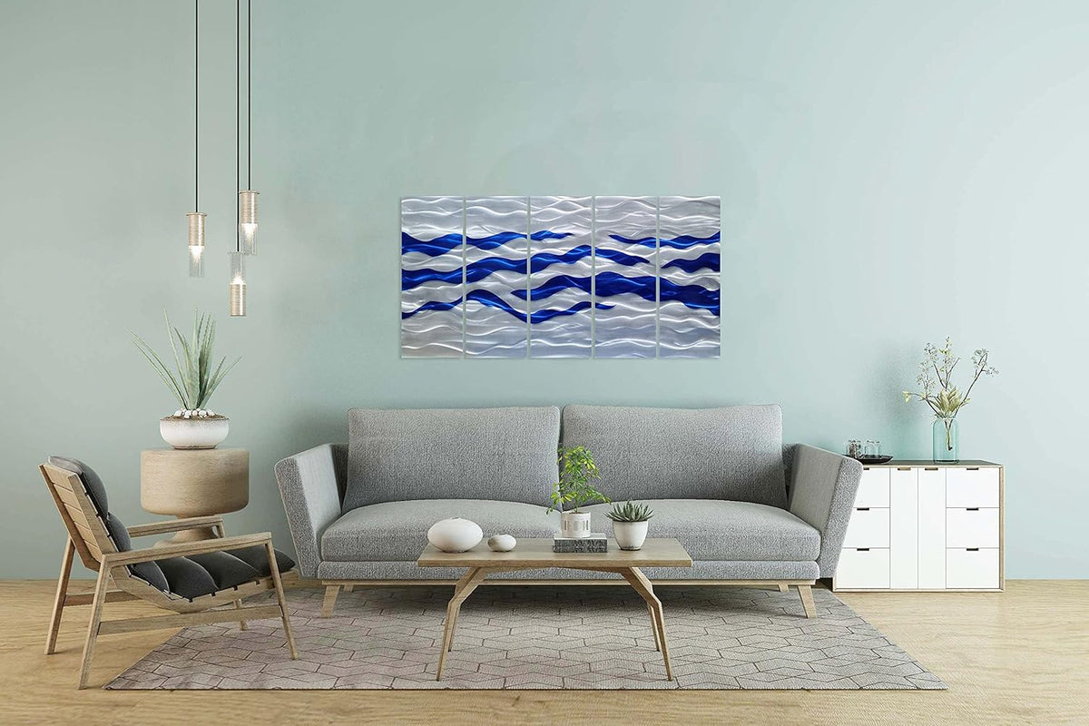SYGALLERIER Abstract Coastal Metal Wall Art Handcrafted Big 3D Blue and Silver Artwork Modern Sea Waves Pictures Contemporary Sculpture for Living Room Bedroom Bathroom Decor