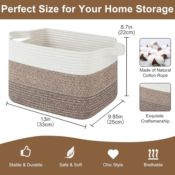 Storage Basket for Organizing, Woven Baskets for Storage, Rectangle Decorative Baskets for Shleves, Closet, Toys, Book, Nursery Organizer Bins - Pack of 3 (Gradient Dark Brown, 13"x9.85"x8.7")
