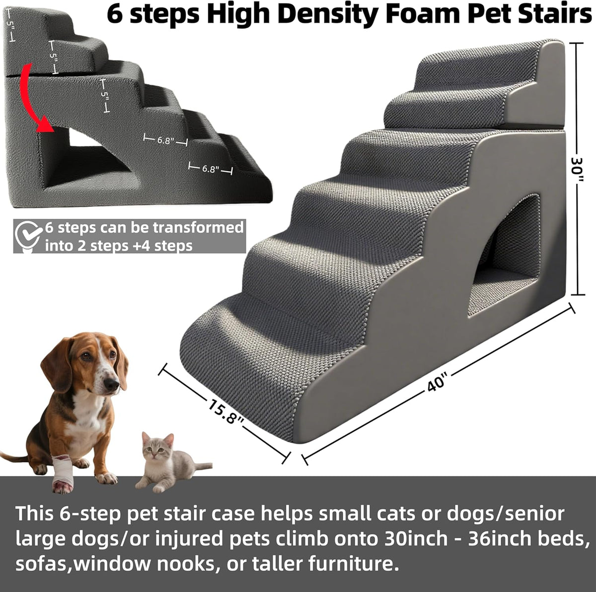 6 Step Pet Stairs Ramp for High Beds Sofas 18-36 Inch, Non-Slip Dog Stairs for Small Old Medium Large XL Dogs Cats, Sturdy 75 Pounds 33D Foam Balanced 6-Tier Ladder with Machine Washable Cover