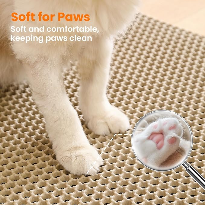 Jumbo Cat Litter Mat, 46x26 Inches Double Layer Honeycomb Litter Trapping Mat, Non Slip Waterproof Urine Proof Extra Large Cat Litter Box Mat, Kitten Supplies and Essentials, XXL, Beige