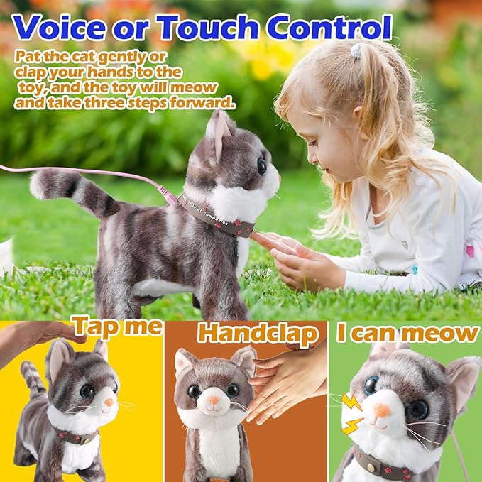 Gray Leash Walking Cat Set Singing That Purrs and Meows Animated Plush Robot Kitten Moving Plush Realistic Stuffed Animal Remote Control Cute Kawai Robotic Kitty Toy for Kid Girl Gift