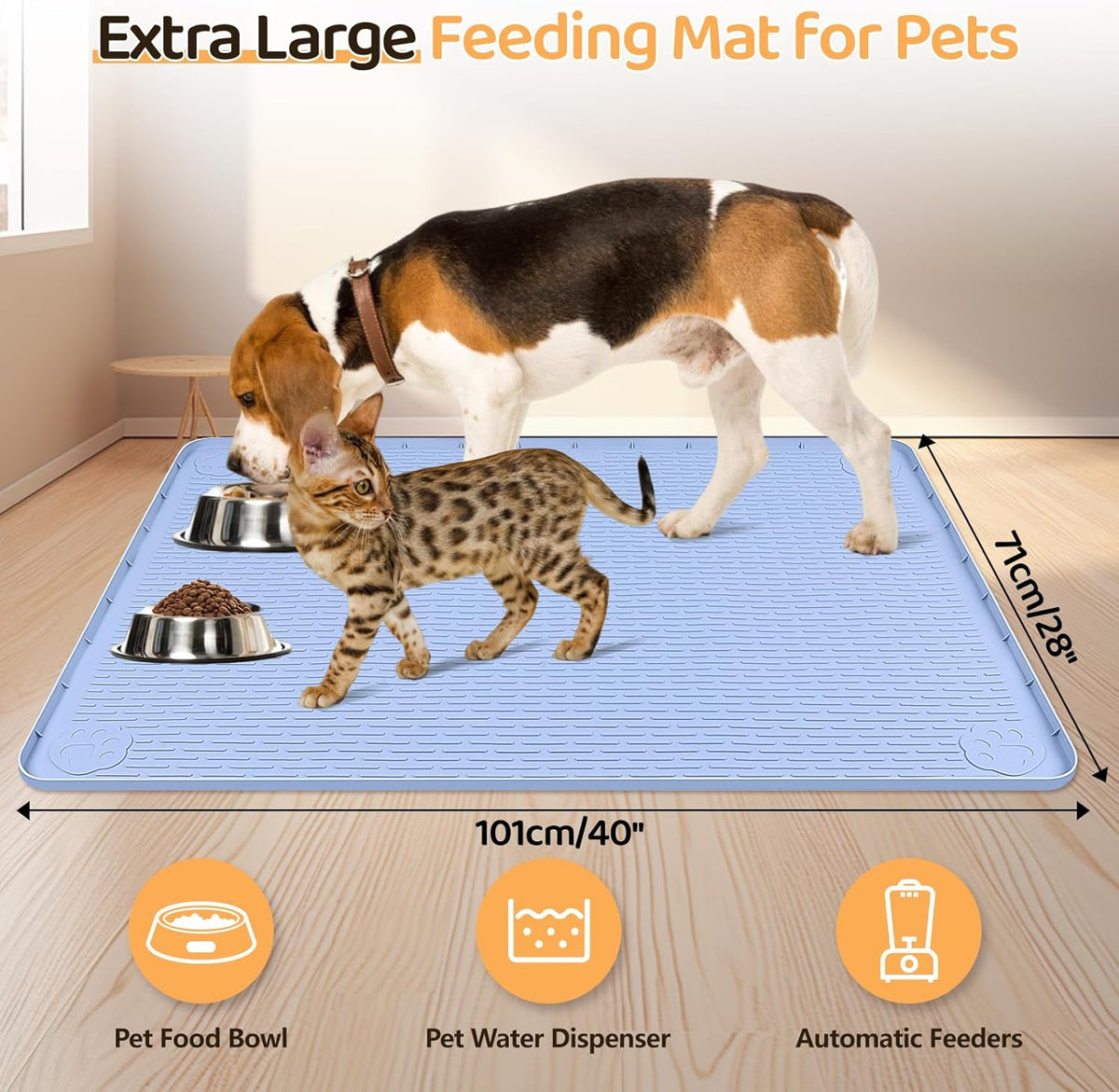 Dog Food Mat, Extra Large 40" x 28" Silicone Pet Feeding Mat with Raised Edge Pet Placemat for Small, Medium, and Large Pets Non-Slip, Easy to Clean (Blue)