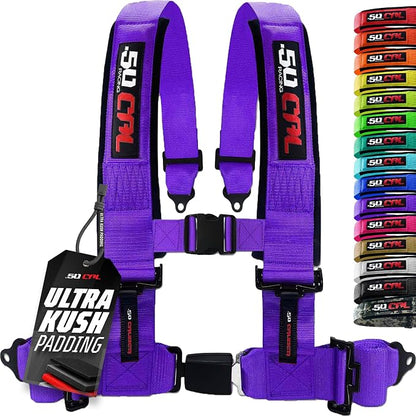 1pc 50 Cal purple 4 Point Harness 3in Straps, Racing Harness Seat Belt | Ultra Kush padding, Push Button quick release hardware. Universal Fit for UTV, RZR, race car.