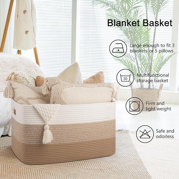 OIAHOMY Large Blanket Basket For Living Room, Rectangle Woven Baskets for Storage, Nursery Toy Storage With Handle-22”x17”x12”-Gradient Light Yellow