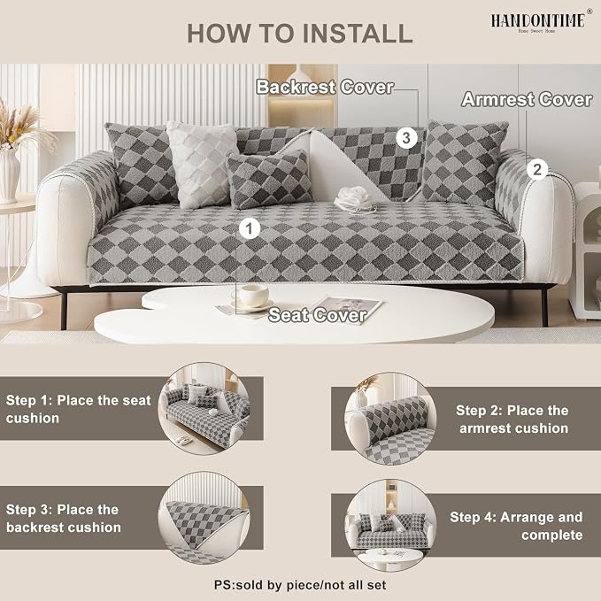 HANDONTIME Non-Slip Pet Couch Cover Washable, Plush Faux Fur Couch Protector for Cushion Pet-Friendly Sofa Covers for Dogs, Checkered Diamond Sectional Covers Dog Mat for Sofa (Grey, 35.6" x 70.9")