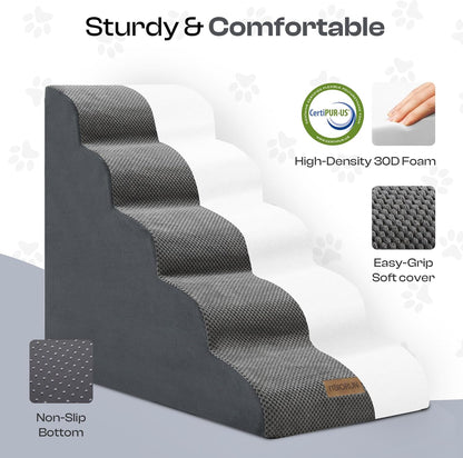 Dog Stairs for High Beds Up to 30", Extra-Tall 24.5" 5-Step Foam Pet Ramp with Washable Cover, Gentle Slope Steps, Bed & Couch Ladder for Small Medium Dogs & Senior Cat, Puppy Climbing Stairs