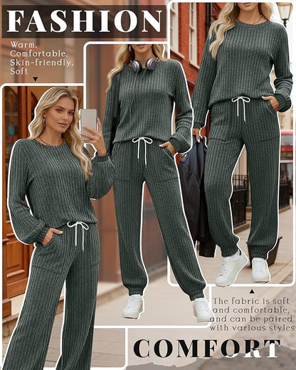 Sweetyweee Women's Ribbed Knit Lounge Sets 2 Piece Outfits Long Sleeve Pajamas Set Loungewear Sweatsuits Fall Pjs with Pocket