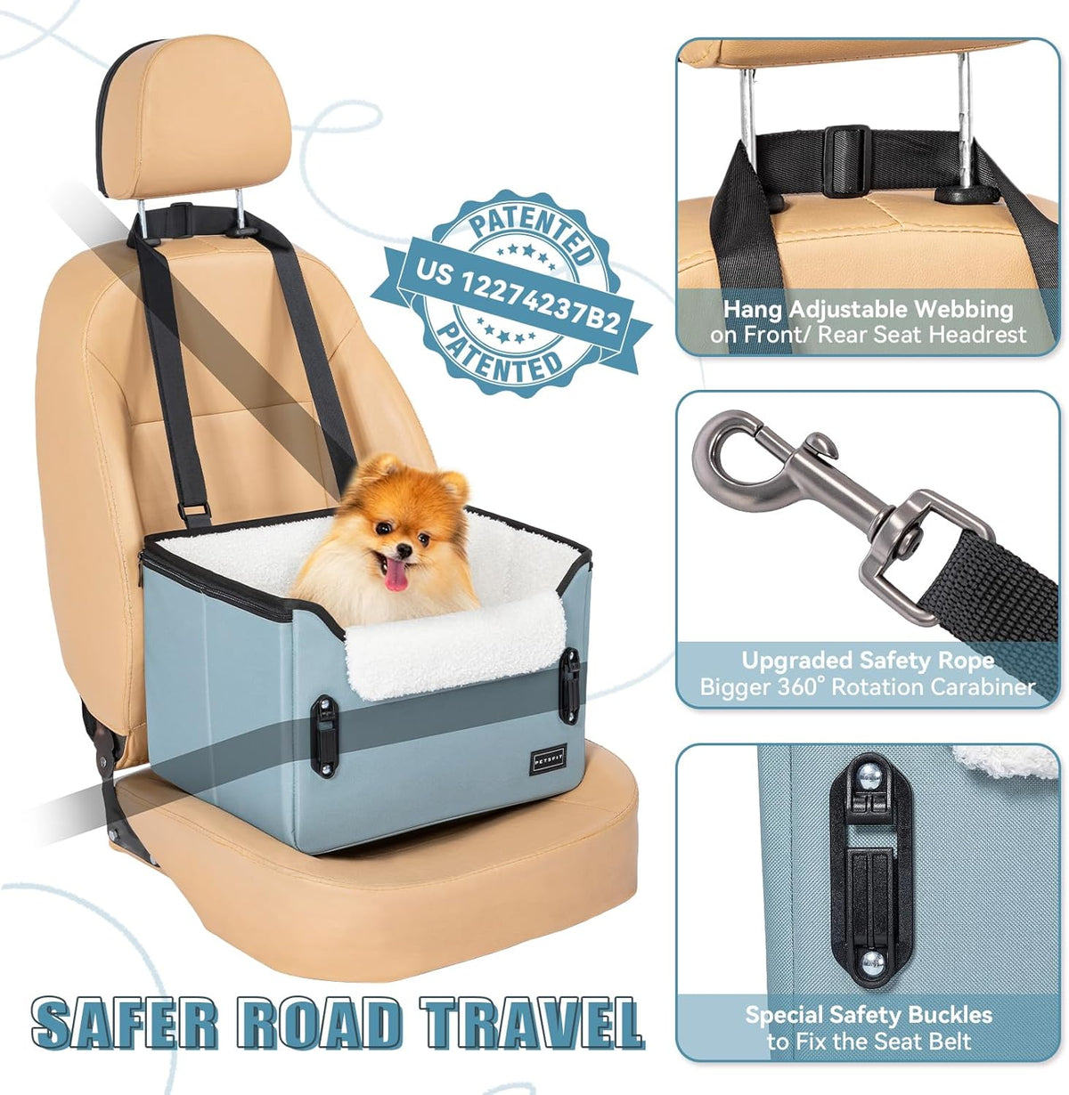 PETSFIT Dog Car Seats for Small Dogs, Patent Safe Buckles Dog Booster Car Seat, Pet Car Seat with Safety Belt, Suitable for Small Pets Up to 25lbs (Mint Green)