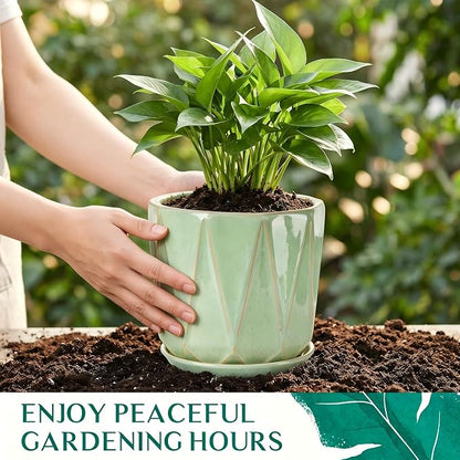 10 Inch Ceramic Plant Pot with Drainage Hole Mesh Net, Large Flower Pots for Indoor Plants with Saucer, Gardening Pots Outdoor (Crackle-Green)