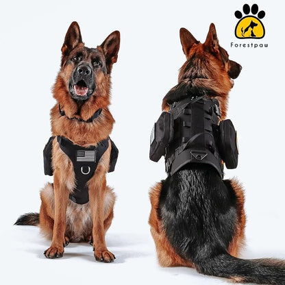 Forestpaw Tactical Dog Harness for Large Dogs,Tactical Dog Collar with Bungee Leash Set,No Pull Military Dog Harness for Walking Training,Adjustable for Medium Large Dogs,Black,Chest 27-40"