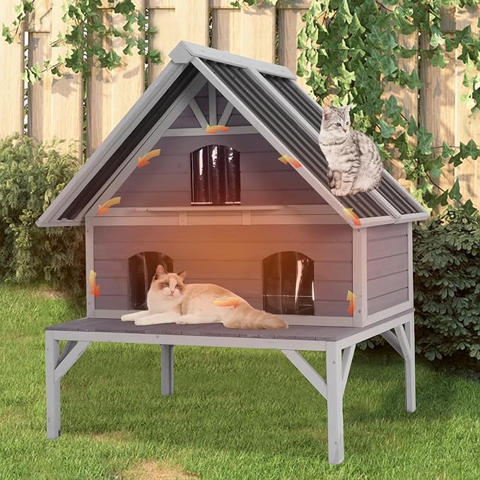GUTINNEEN Large Outdoor Cat House 2-Story Insulated Cat House Indestructible Weatherproof Feral Cat Shelter with Openable Roof, Escape Doors for 1-6 Feral Barn Cats (Winter-Ready, 43.3"x34.3"x48.5")