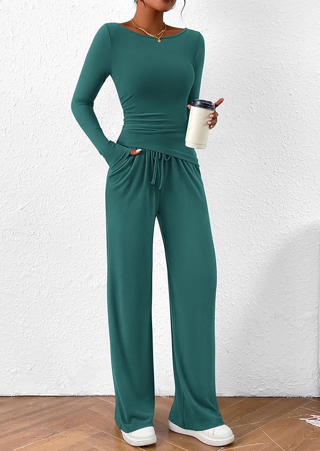 PRETTYGARDEN Women's 2 Piece Lounge Sets Asymmetrical Long Sleeve T Shirt Wide Leg Pants Casual Outfits Tracksuit