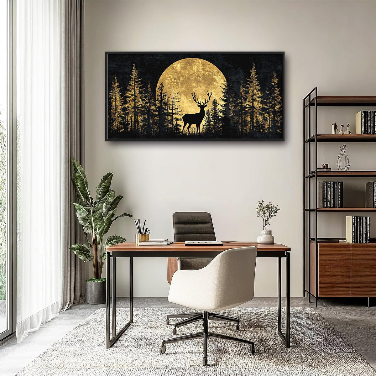 Large Moon Deer Forest Wall Art for Living Room, Black Gold Canvas Oversized Wall Decor, Elk Animal Framed Pictures Painting Print Artwork for Bedroom Office 60L" x 30W"