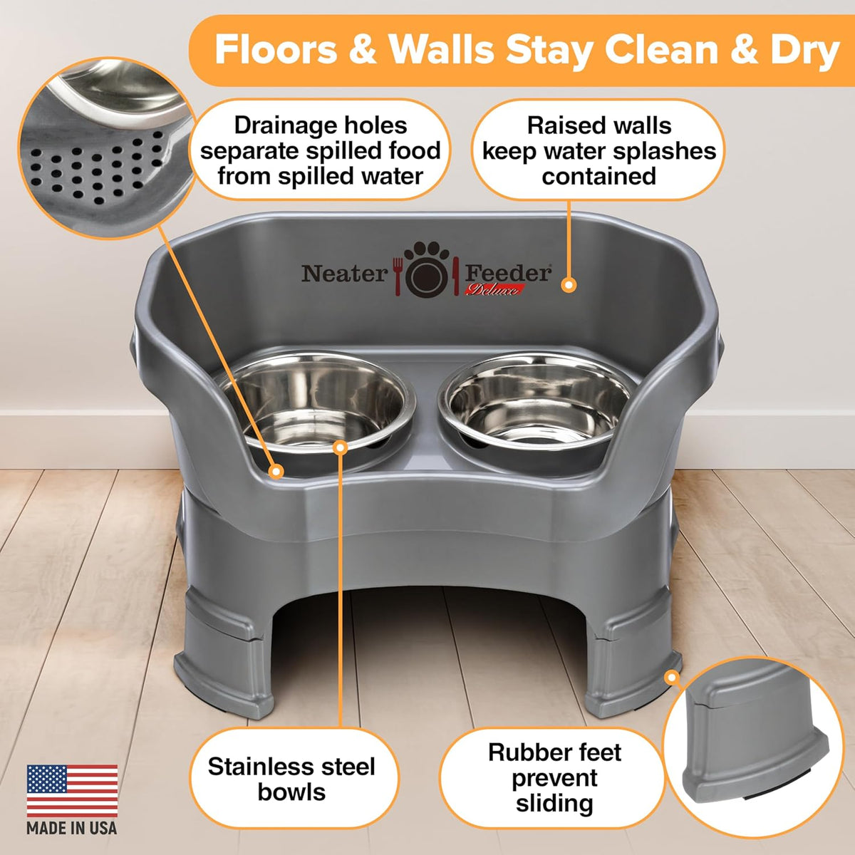 Neater Feeder Deluxe Mess Proof Dog Bowls Elevated Medium Sized Dogs (19-40 lbs) Made in USA, No Spill Raised Dog Food Bowl Stand w/Leg Extension, Stainless Steel Food and Water Bowl Set, Grey