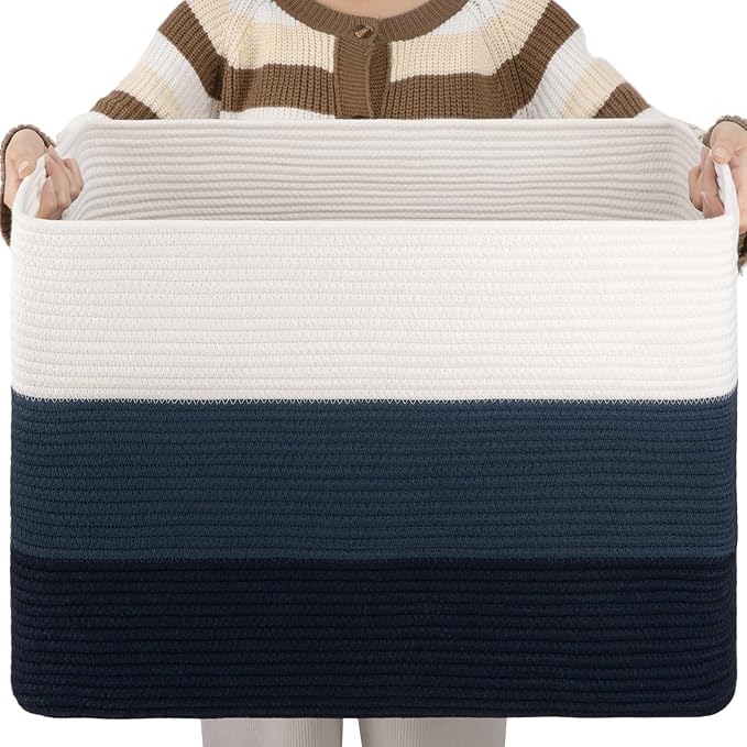 OIAHOMY 108L Large Cotton Rope Basket, Rectangle Woven Baskets for Storage, Nursery Blanket Storage Living Room, Toy Basket With Handle-25”x16”x16”-Gradient Blue