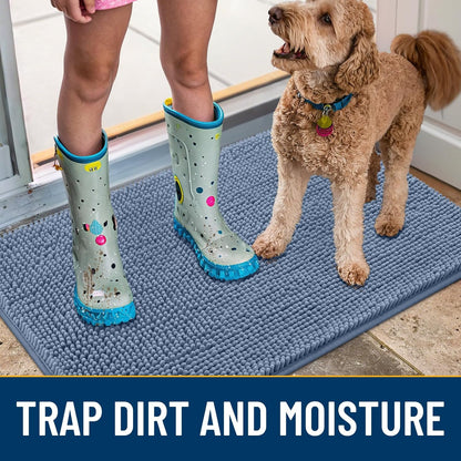 Smiry Dog Door Mat for Muddy Paws 30x20, Absorbs Moisture and Dirt Doormat, Non-Slip Washable Quick Dry Chenille Front Door Mat Indoor Entrance, Entryway Carpet for Inside Floor, Airy Blue