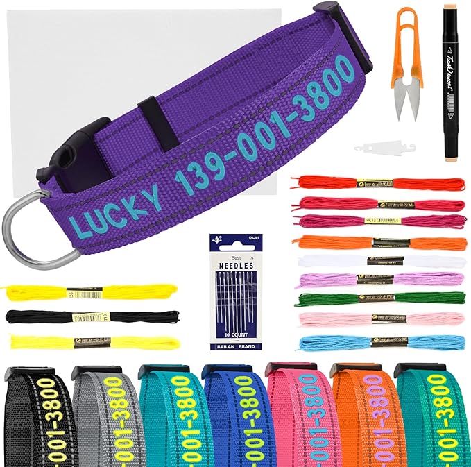 Personalized Embroidered Dog Collar - Custom Hand-Stitched Name & Number, Reflective Adjustable Pet Collar for Small/Medium/Large Dogs & Cats, Durable Nylon with Steel D-Ring (Purple, Large)