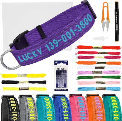 Personalized Embroidered Dog Collar - Custom Hand-Stitched Name & Number, Reflective Adjustable Pet Collar for Small/Medium/Large Dogs & Cats, Durable Nylon with Steel D-Ring (Purple, Large)