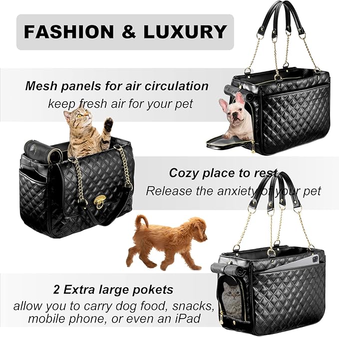 Fashion Dog Purse for Small Dogs with 2 Super-Large Pockets, Holds Up to 10lbs PU Leather Pet Carrier, Cat Carrier, Airline Approved Puppy Purse for Travel (Black, Small Size)
