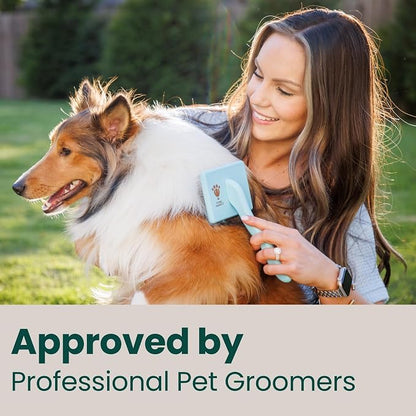 Pet Slicker Brush With Soft Massage Grooming Stainless Steel Pins - For Dematting, Shedding Fur, and Undercoat - Ideal Gift for Professional Pet Groomers - Long Slicker Brush (Blue, Curved Small)