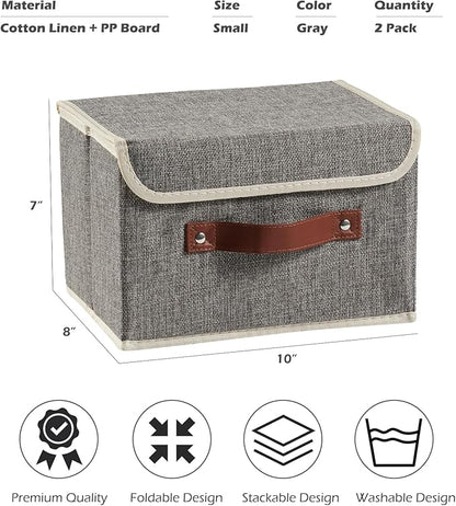 2PCS Storage Boxes with Lid Cotton Linen Fabric Storage Bins Organizer Container Decorative Collapsible Washable Shelf Closet Baskets Faux Leather Handles Home Bedroom (Gray, Small Size)