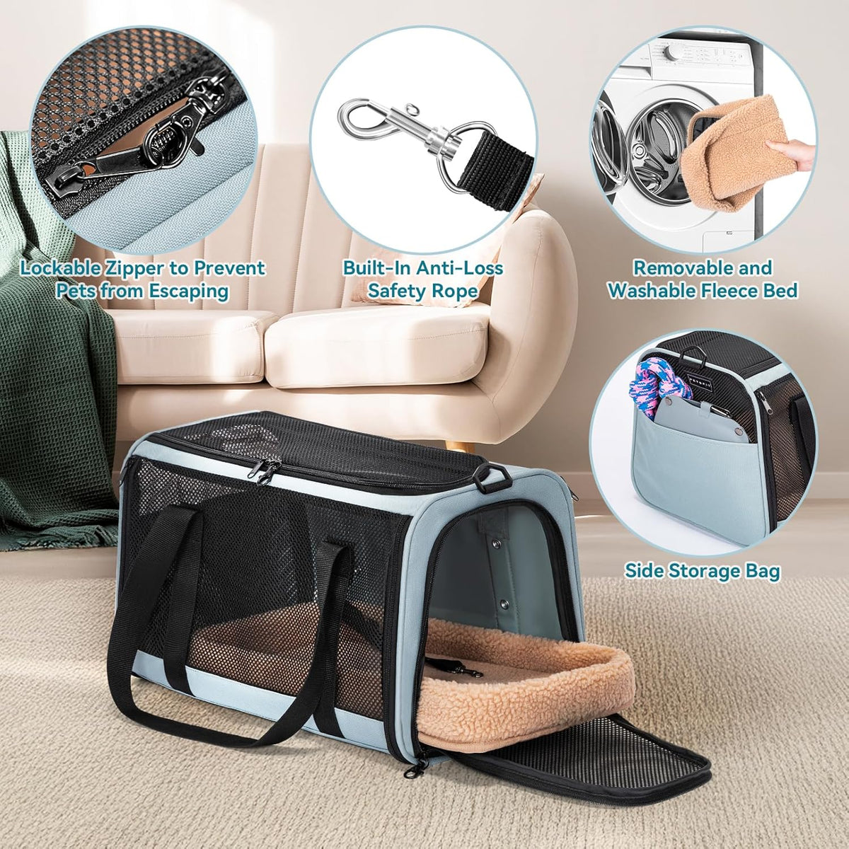PETSFIT Soft-Sided Cat Carriers & Car Seats with Patent Safe Buckles, Clip-On Harness，18"x11"x11" Airline Approved Pet Carrier - 9 lbs Capacity (Cyan Blue)