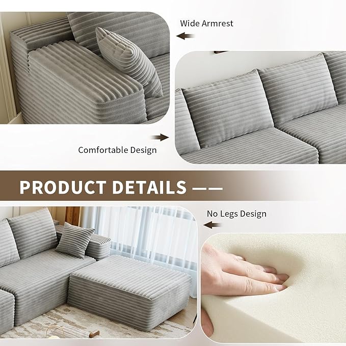 168.5" Modular Sectional Sofa, Oversized U-Shaped Minimalist Couches with 3 Middle Seats Chaise, Modern Deep Seat Convertible Sleeper Sofa, Cloud Plush Corduroy Fabric,7 Seater, Grey