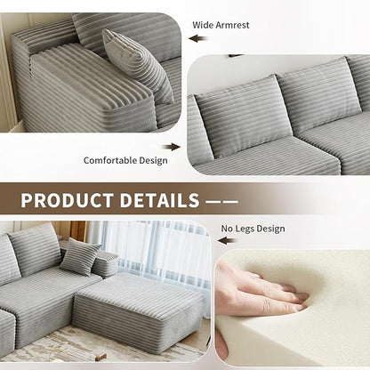 168.5" Modular Sectional Sofa, Oversized U-Shaped Minimalist Couches with 3 Middle Seats Chaise, Modern Deep Seat Convertible Sleeper Sofa, Cloud Plush Corduroy Fabric,7 Seater, Grey