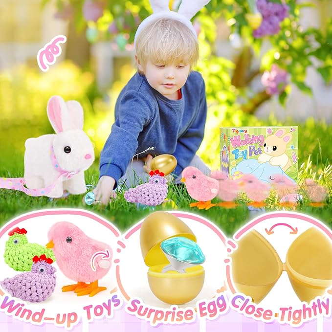 Tagitary Plush Toys Interactive Bunny for Kids That Wiggling Ears,Hopping,Twitching Nose with Sounds,Realistic Rabbit Toy with Leash,Golden Egg,Wind Up Toys,Easter Birthday Gift for Toddlers