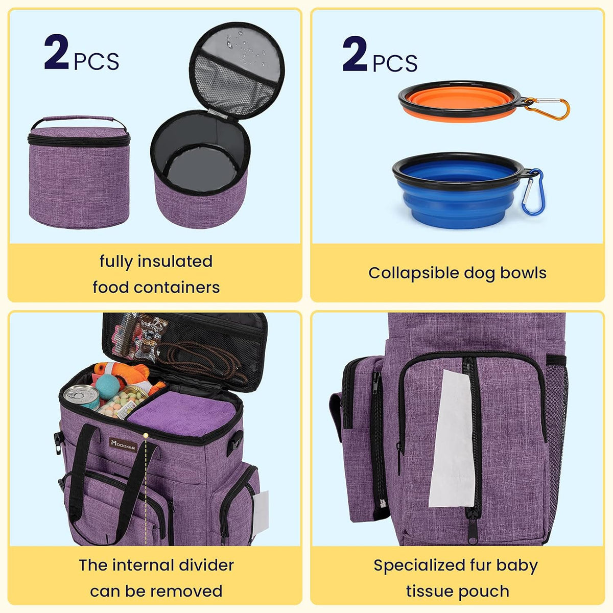 Modoker Dog Travel Organizer Carriers for Supplies & Accessories, Airline Approved Cat Pet Travel Bag, 2 Collapsible Bowls, 2 Travel Dog Food Container, Purple